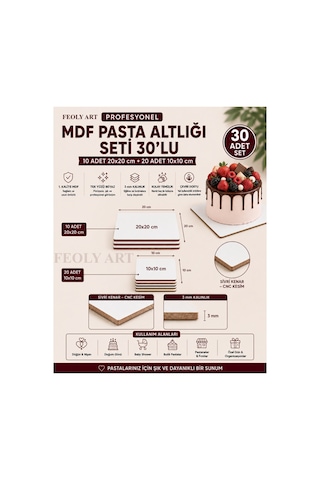 Profesyonel Mdf Pasta Altlığı Seti 30'lu 10 Adet 20x20 Cm + 20 Adet 10x10 Cm 2,7-3 Mm Tek Yüzü Beyaz Beyaz / Kahverengi