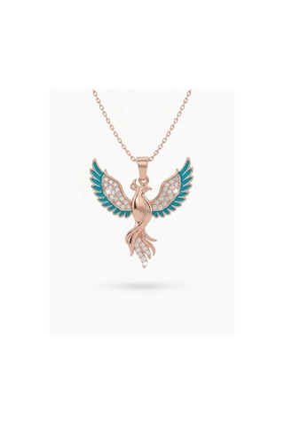 925 Ayar Gümüş Zümrüdüanka Kuşu Kolye - Rose Gold Kaplama Turkuaz Mineli Kadın Kolye Rzn10367 Gümüş