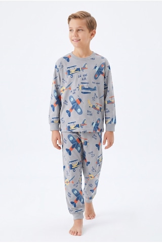 Bunny Hopp Erkek Çocuk Uzun Kollu Pijama Takımı %100 Pamuk Vintage Uçak Desenli Penye Gri