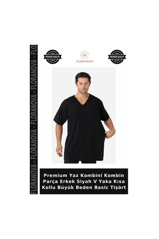 Floranova Premium Yaz Kombini Kombin Parça Erkek Siyah V Yaka Kısa Kollu Büyük Beden Basic Tişört