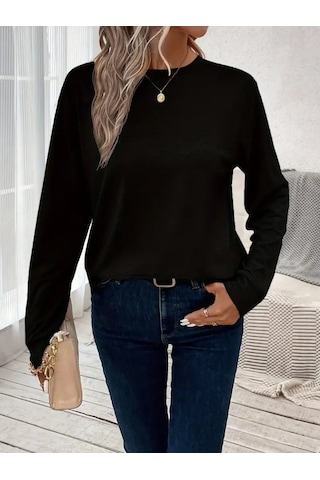 Tua Moda Kadın Uzun Kollu Bisiklet Yaka Viskon Bluz Siyah