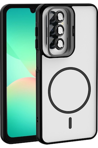 Galaxy Uyumlu A17 Kılıf Standlı Ve Kamera Lens li Mkst Etro Kapak - Siyah Siyah