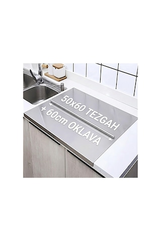 Gkd Üst Kalite Paslanmaz Çelik Mutfak Tezgah Koruyucu 50x60cm + 60 Cm Alüminyum Oklava Set Gri