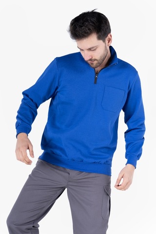 2 İplik Dik Yakalı Fermuarlı Sweatshirt Saks Mavi
