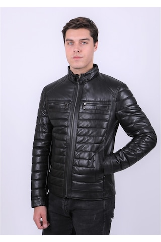 New Zaya Leather Erkek Siyah Şişme Deri Mont Hakiki Deri Siyah