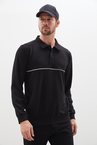 Fullamoda Çizgili Polo Yaka Yarım Düğmeli Sweatshirt Siyah
