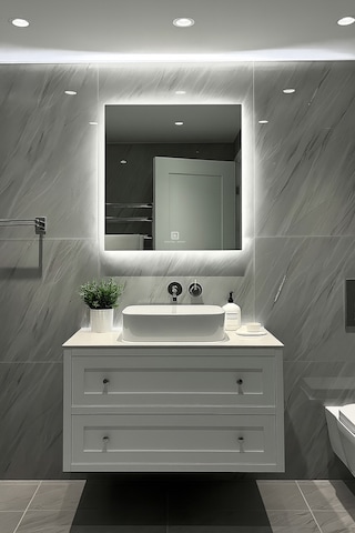 Digital Hayat Dokunmatik Dimlenebilir Beyaz Led Işıklı Kare Ayna Dekoratif Banyo Makyaj Aynası Beyaz