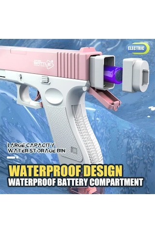 Elektrikli Otomatik Atış Yapan Su Tabancası 10 Metre Menzilli 500 Ml. Depolu 20 Cm. - Pembe Pembe