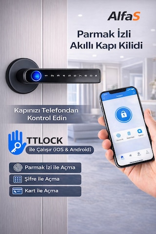 Şifreli Kartlı Telefondan Kontrol Pvc Alüminyum Ahşap Uyumlu Parmak İzli Akıllı Kapı Kolu Tt Lock