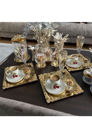 Atabey Home Collection Tekli 1 Adet Kahve & Çay & Sunum Tepsisi Metal Döküm Kare Gold Tepsi Gül Model