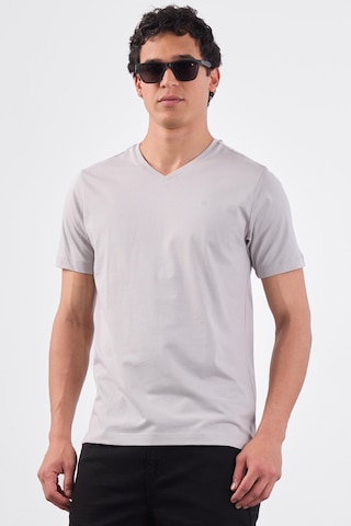 Dufy Gri V Yaka Pamuklu Düz Renk Slim Fit Erkek T-shirt Gri