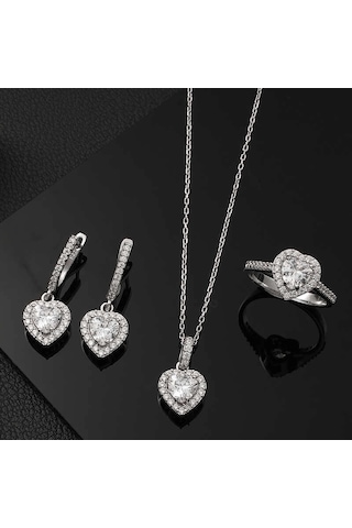 Gümüş Beyaz Taşlı Kalpli Kadın Set Çok Renkli 38925870