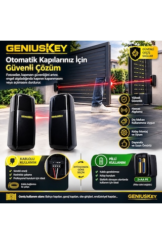 Geniuskey Pilli Fotosel Otomatik Kayar Kapı Motoru Emniyet Sensörü Kablosuz Ve Kablolu Fotosel Takımı