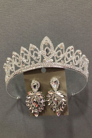 FdayAksesuar Gümüş Renk Gelin Ve Kına Tacı Küpe Seti FRDY31670