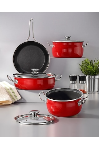 Bonera Lilium Emaye 7 Pcs Güveç Set Dışı Kırmızı / İçi Titanyum 18-24-26-26