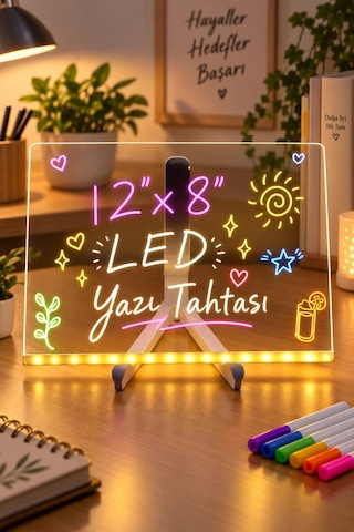 Yazı Çizim Tahtası Led Işıklı 20x30 Cm 7 Kalem Ve Stant Hediyeli Neon Işıklı Eğitici Not Tahtası Şeffaf