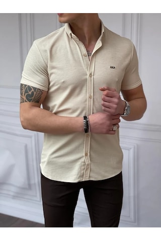 Modefendi Slim Fit Pamuk Örme Polo Yaka Kısa Kollu Gömlek Bej