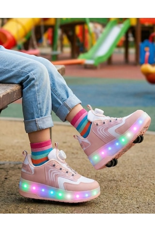Kız Çocuk Patenli Işıklı Rahat Spor Ayakkabı&Yeni Model Tarz Patenli Kaykay Tekerlekli Pudra Pembe