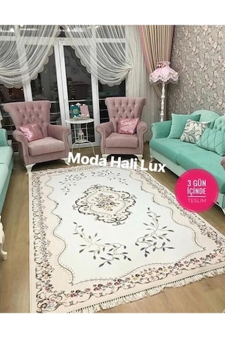 Saray Kaymaz Taban Makinede Yıkanabilir Halı Dijital Baskı Krem