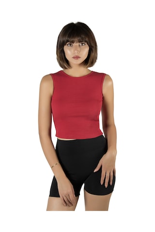 Terapi Men Kırmızı Fitted/vücuda Oturan Crop Halter Yaka Fitilli Esnek Örme Bluz Atlet Kırmızı