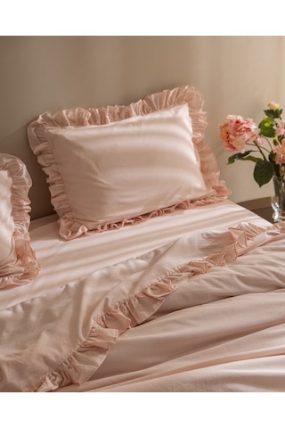 Madame Coco Obernai Çift Kişilik %100 Pamuk Fırfırlı Düz Yıkamalı Nevresim Takımı - Pudra 8684427302262 Pudra