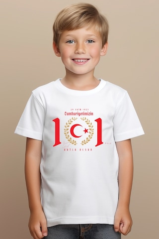 Aselinda Özel Tasarım Cumhuriyetimizin 101. Yılı 29 Ekim Çocuk T Shirt- Beyaz Süprem Tişört-stk1 BEYAZ