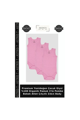 Astrid T Premium Yenidoğan Çocuk Giysi %100 Organik Pamuk 3'lü Pembe Bebek Atlet Çıtçıtlı Zıbın Body
