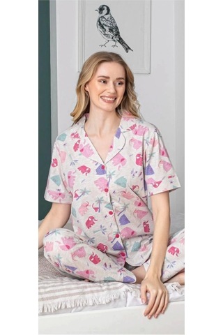 Alissa 6258 Kadın Fil Desenli Patlı Pijama Takımı Kahve