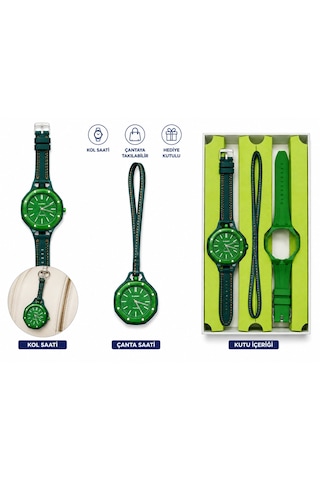 Duostyle 2'si 1 Arada Analog Kol Saati Ve Çanta Saati Silikon Kordonlu Unisex Yeşil
