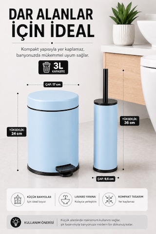 Sas Haus Pedallı Çöp Kovası 3 Litre İç Kovalı Kapaklı Tuvalet Fırçalı Banyo Seti Krom - Titan 7103 Mavi