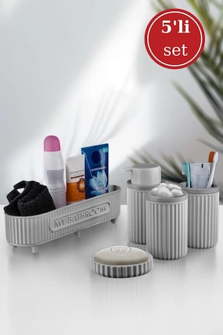 Flora 5 Parça Banyo Seti Çok Amaçlı Sepet, Sıvı Sabunluk, Katı Sabunluk, Diş Fırçalık, Pamukluk Gri