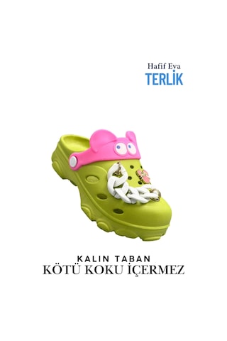 Sermoda Gözlük Desen Zincirli Eva Kız Çocuk Plaj Havuz Terlik Sabo Terlik Fıstık Yeşili