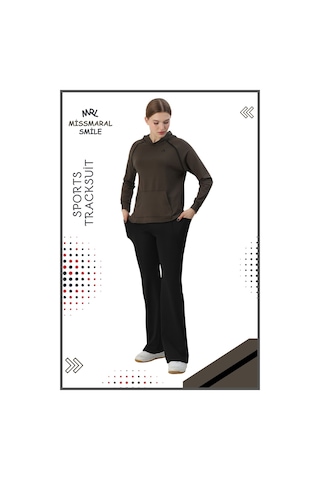 Kadın Spor Eşofman Takım İspanyol Paça Çift Cepli Alt &kapüşonlu Kanguru Cepli Üst Haki Rengi 3053 Haki