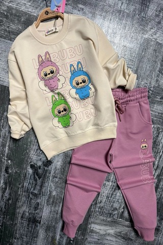 Labubu Desenli Kız Çocuk Pembe Renk Eşofman Takım 2 Li Set Pembe