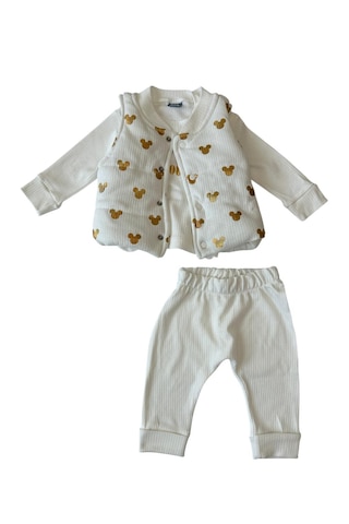 Bellamio Kids Gold Mickey Desenli 3'lü Şişme Yelekli Bebek Takımı Beyaz