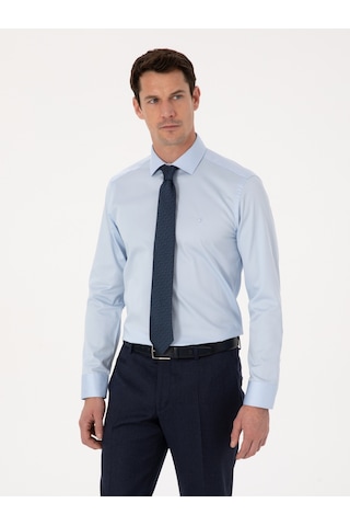 Cacharel Açık Mavi Slim Fit %100 Pamuk Yarım İtalyan Yaka Klasik Gömlek Denım