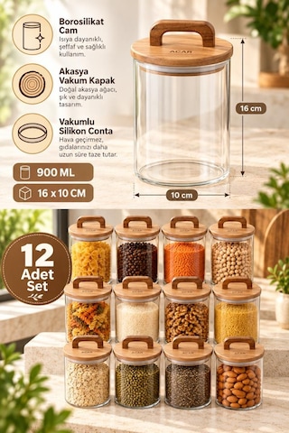 Atbyhome 12'li Kulplu Akasya Kapaklı Borosilikat Cam Kavanoz Seti 900 Ml - Vakumlu Erzak Bakliyat Kabı Ahşap - Şeffaf
