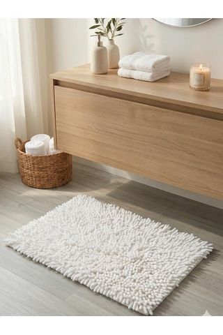 Şönil Banyo Paspası, Mikro Elyaf, Beyaz, 40x60 Cm Banyo Halısı, Uzun Tüylü, Yüksek Emicilik, Makinede Yıkanabilir Beyaz