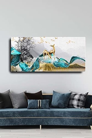 Homearths Dekoratif Soyut Altın Geyik Ve Ağaçlar Sürreal Kanvas Duvar Tablosu 60 X 120 Cm Standart