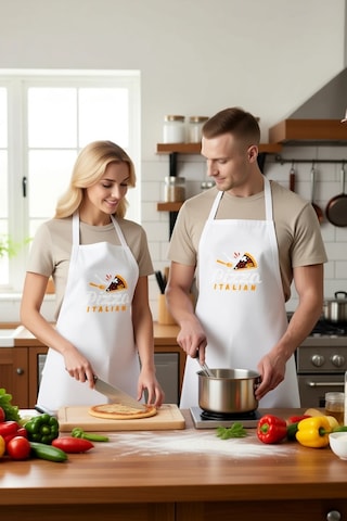 Unisex Mutfak Önlüğü İtalyan Pizza Baskılı Rahat Kesim Boyundan A Beyaz