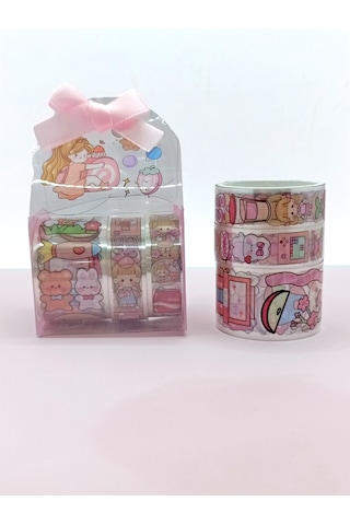 Fiyonk Çantalı Şirin Kız Ayı Tavşan Şeffaf Desenli Bant - Pembe 1