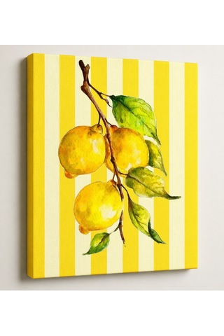 Limon Desenli Kanvas Tablo Sarı Çizgili Mutfak & Kafe Duvar Dekoru
