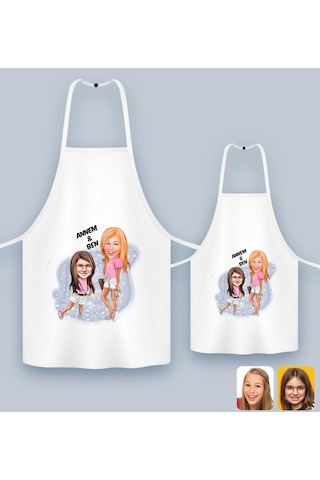 Bk Gift Kişiye Özel İkili Anne Kız Karikatürlü Mutfak Önlüğü Seti-5, Anneye , Anneler Günü leri
