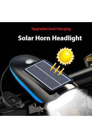 Solar 6163 Şarjlı 250 Lümen 140 Db Yüksek Sesli Bisiklet Ön Farı Ve Korna Kırmızı Güneş Enerjili Far Kırmızı