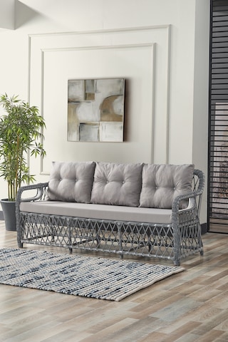 Edra Rattan Puflu Bahçe Balkon Takımı 3+1+1+camlı Masa Gri Gri