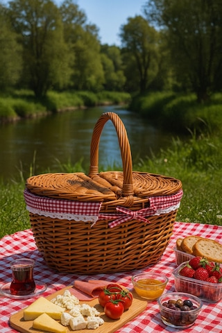 Kırmızı Ekoseli Kapaklı Piknik Sepeti 40x30x19 Cm Hasır Görünümlü Termoform Sepet Kahverengi