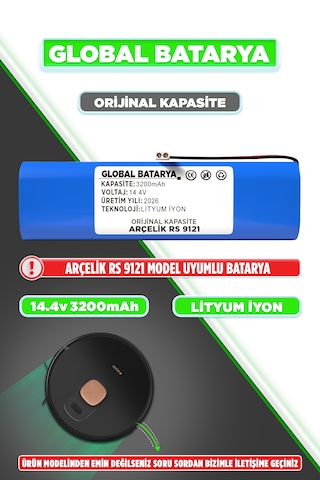 Arçelik Robo Rs 9121 Robot Süpürge Bataryası 14.4v 3200mah Li-ion Pil  Kapasite