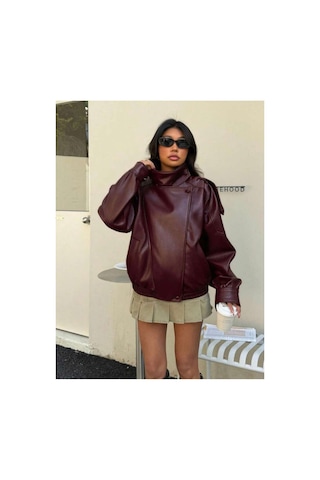 Laleli Butik Viral Oversize Kadın Deri Ceket Yüksek Yaka Siyah Urban Style Kadın Deri Ceket Bordo&burgundyy Bordo&Burgundyy