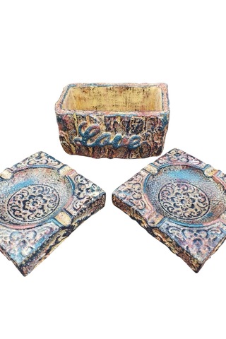 Hediyemiks 3 Lü Dekoratif Kase Seti Küllük & Saksı -vintage Eskitme El Yapımı Tasarım