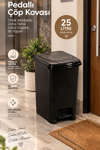 Porsima 0131-1 Slim Pedallı Çöp Kovası 25 Lt Siyah Taşıma Kulplu, Mutfak Ve Banyo İçin İnce Çöp Kovası